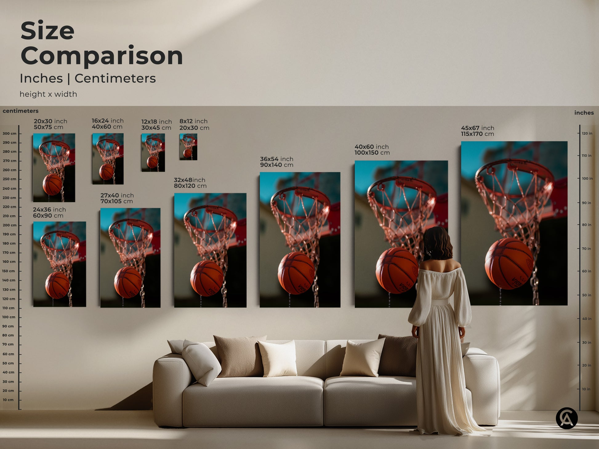 This is a size comparison of basketball hoop artwork. View the art in inches and centimeters. Sizes range from 20x30 cm to 45x67 inches. Select canvas or poster prints. This dynamic basketball artwork is perfect for modern interiors. This is ideal sports room wall decor.