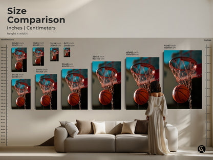 This is a size comparison of basketball hoop artwork. View the art in inches and centimeters. Sizes range from 20x30 cm to 45x67 inches. Select canvas or poster prints. This dynamic basketball artwork is perfect for modern interiors. This is ideal sports room wall decor.
