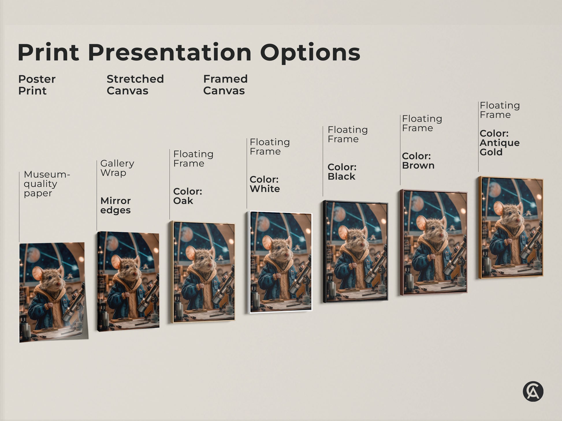 A print presentation shows various options. Options include poster print stretched canvas and framed canvas. The museum-quality paper and mirror edges are high quality. Each option showcases the mouse astronomer artwork.