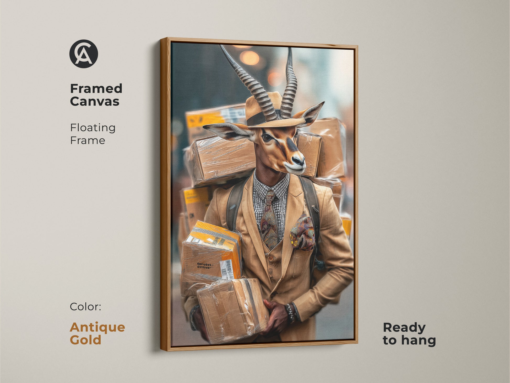 Framed in antique gold canvas a surreal gazelle man art print is ready to hang. This eclectic animal portrait is perfect for those who appreciate contemporary surrealism. The unique wall hanging adds a touch of quirk to any workspace. Buy this gazelle packages print today.