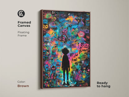 Framed canvas art featuring a vibrant graffiti-style artwork. The piece is displayed in a brown floating frame. It showcases a black silhouette figure surrounded by colorful monsters and abstract shapes. This ready-to-hang art is a perfect addition to your home decor.