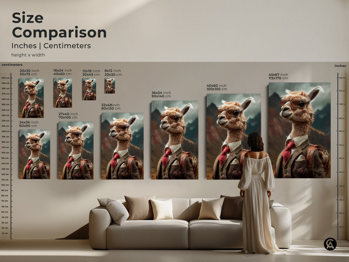 Compare sizes of our dapper llama canvas and poster prints. See how this animal portrait transforms your space. Perfect for eclectic decor in any room. This tan cream brown artwork adds sophistication and fun. The llama in suit brings a unique touch to your home or office wall art.
