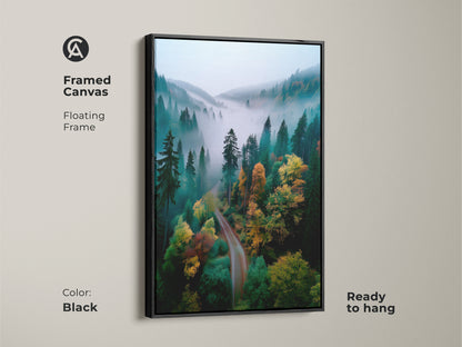 Black framed canvas art of forest. The floating frame accentuates the forest artwork. The misty forest scene is printed on high-quality canvas. The art is ready to hang. This framed artwork adds a touch of sophistication to any space.