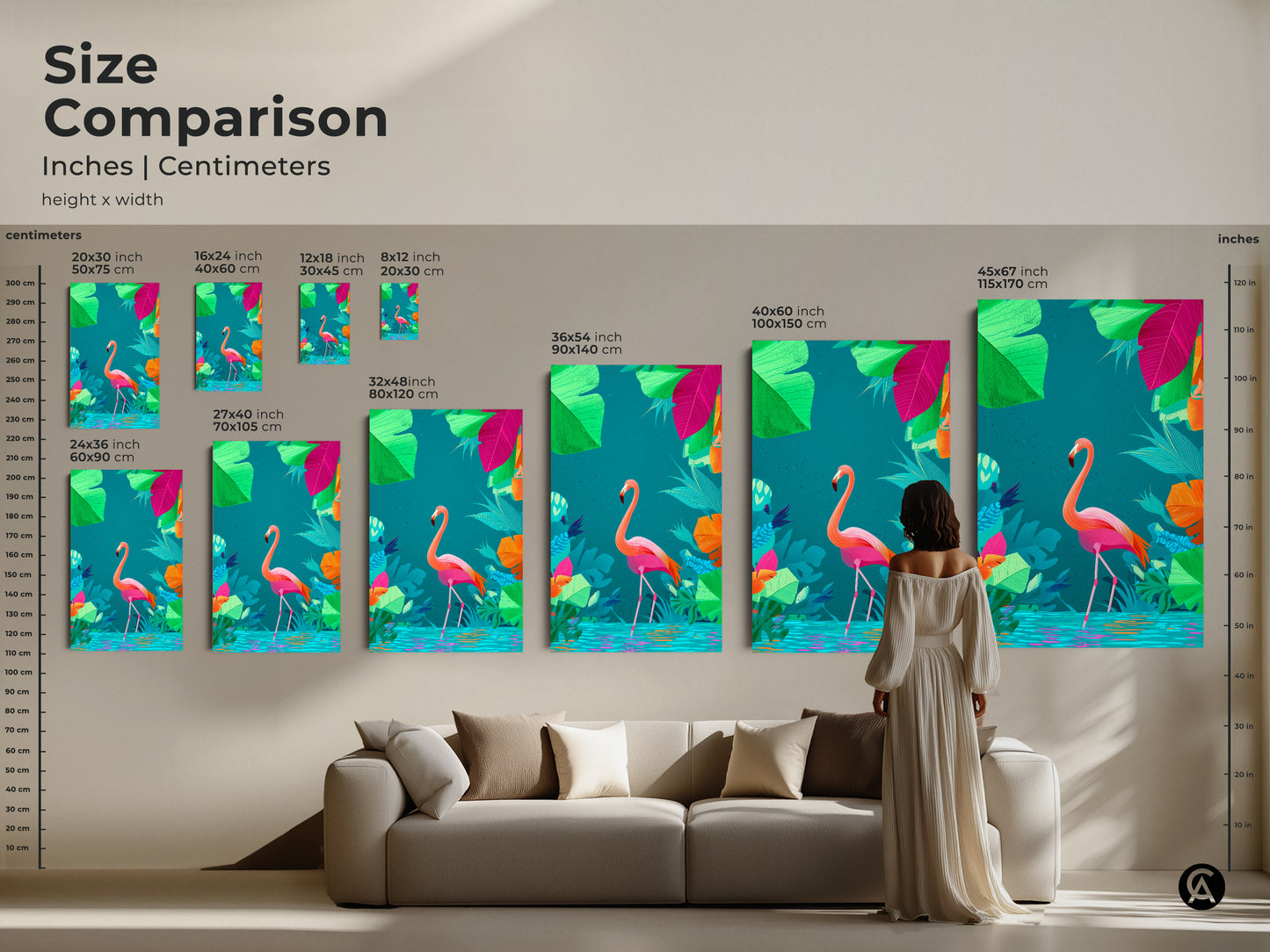 Size comparison of the flamingo artwork in inches and centimeters. The pink orange and teal jungle art looks great above a sofa. It is a perfect addition to any bohemian home decor.