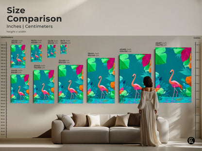 Size comparison of the flamingo artwork in inches and centimeters. The pink orange and teal jungle art looks great above a sofa. It is a perfect addition to any bohemian home decor.
