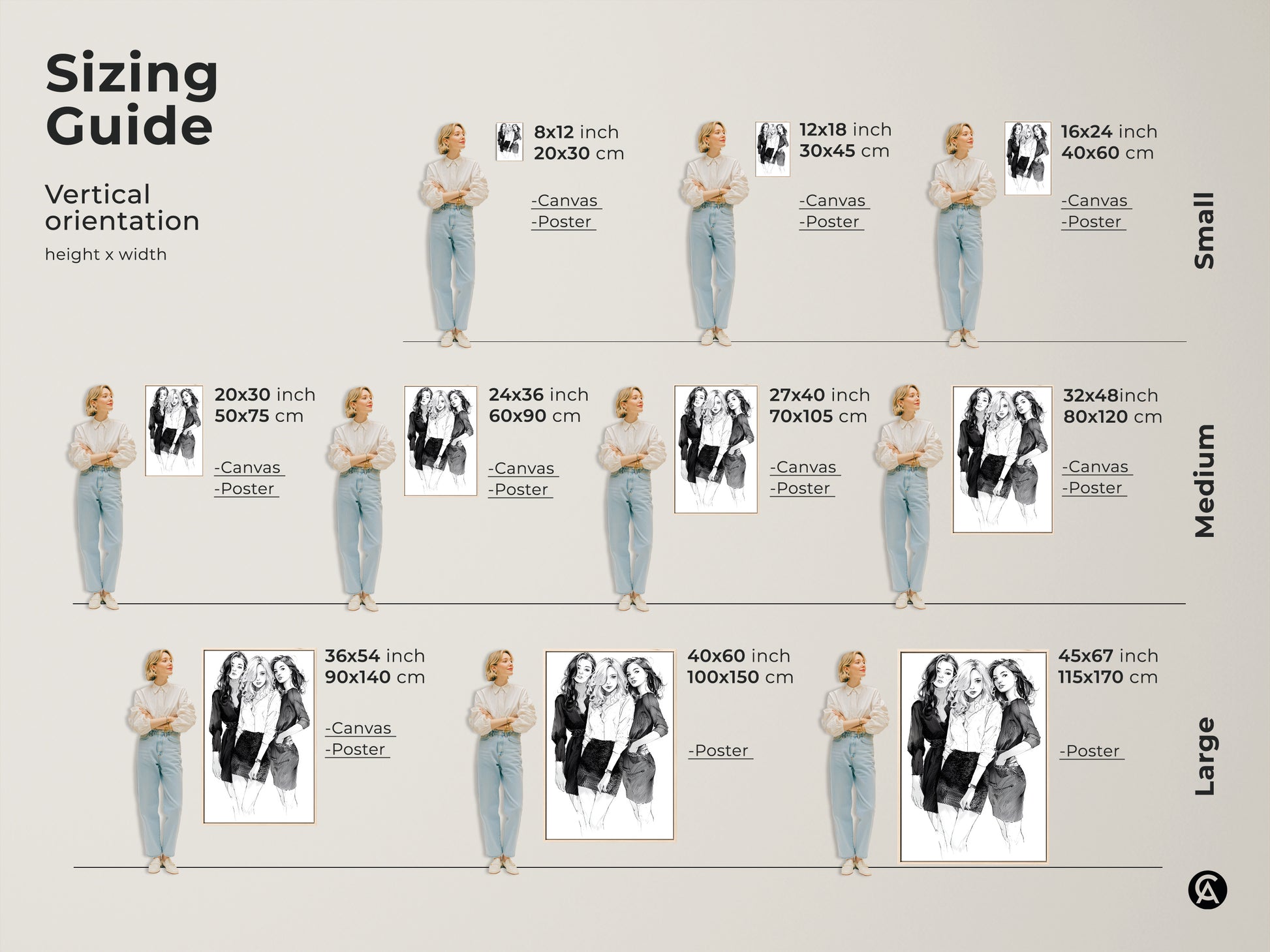 Sizing guide for the vertical orientation of a monochrome women art print. Available as canvas or poster in various sizes. Find the perfect fit for your contemporary portrait wall decor.