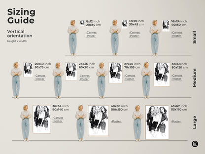 Sizing guide for the vertical orientation of a monochrome women art print. Available as canvas or poster in various sizes. Find the perfect fit for your contemporary portrait wall decor.