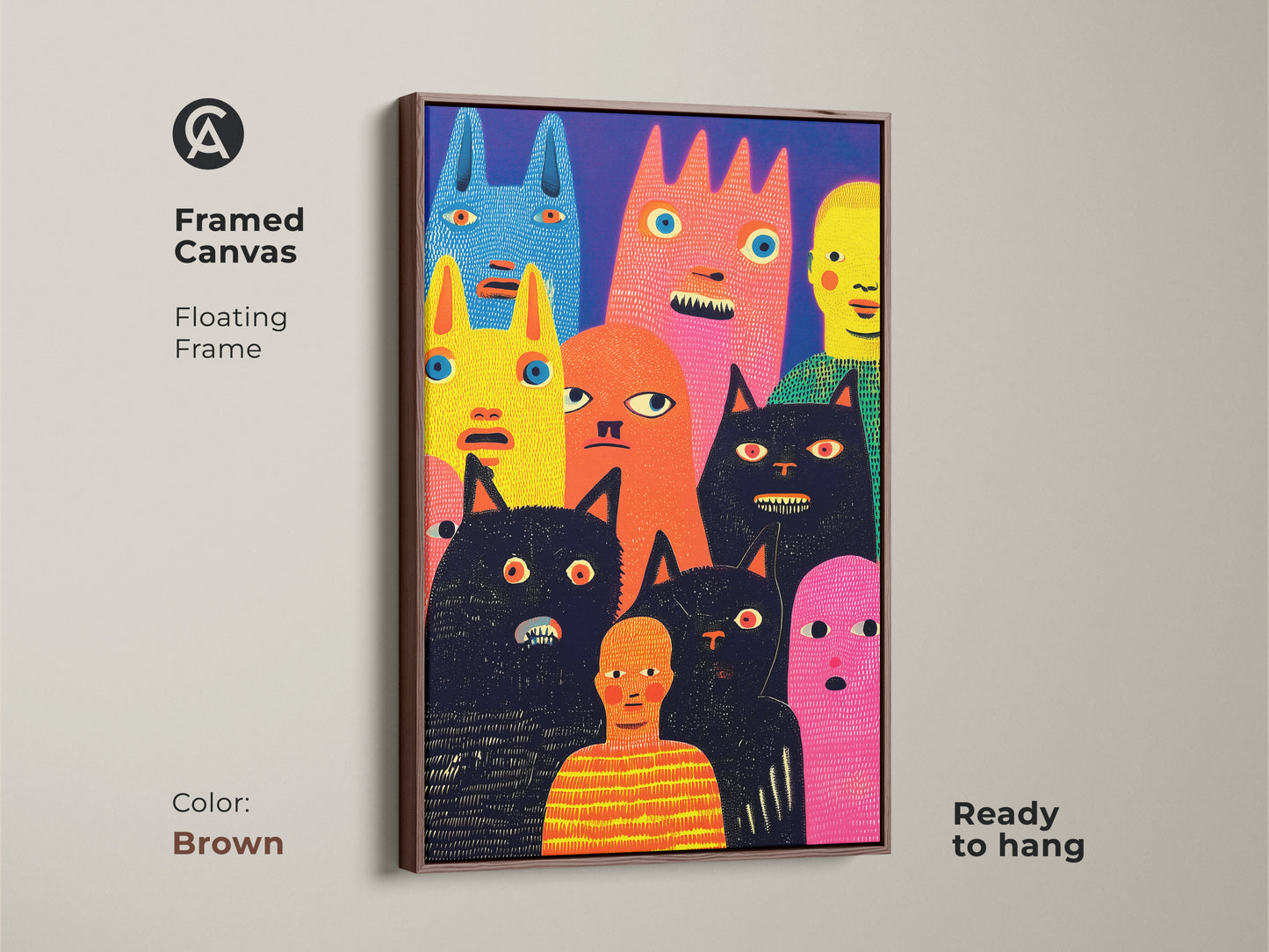 Brown framed canvas artwork showcasing whimsical characters. This art is in a modern style. The floating frame adds a touch of warmth. It features a collection of colorful figures and cats. Ready to hang and enjoy in your home. Shop this high-quality art.
