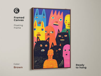 Brown framed canvas artwork showcasing whimsical characters. This art is in a modern style. The floating frame adds a touch of warmth. It features a collection of colorful figures and cats. Ready to hang and enjoy in your home. Shop this high-quality art.