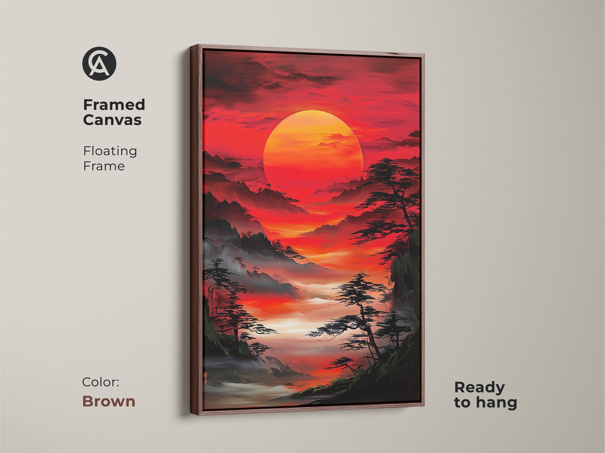 Framed canvas with a floating frame in brown displaying Asian landscape artwork. A red sunrise over misty mountains and pine trees creates a harmonious feel. Ready to hang nature inspired wall art.