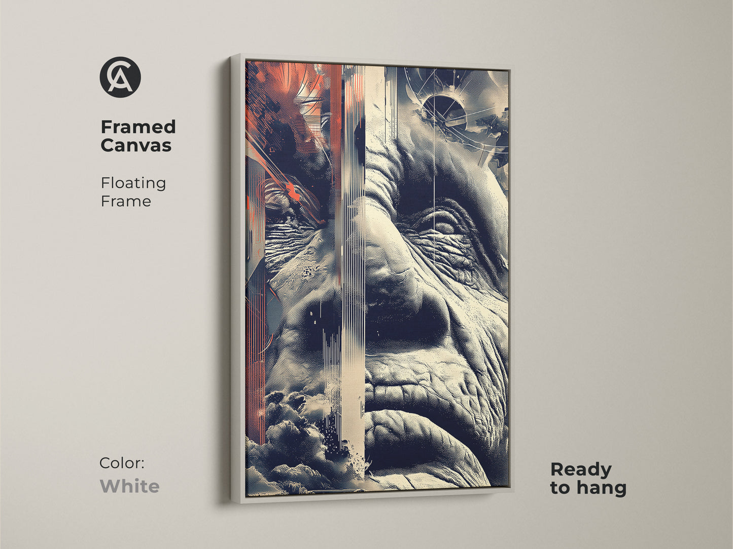 This framed canvas features glitch art with an old man's face. The abstract portrait combines geometric shapes in terracotta beige and navy. Its white floating frame is ready to hang artwork. Ideal wall art.