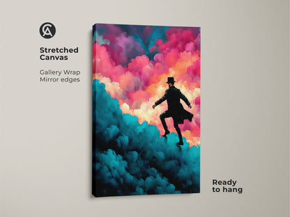 This stretched canvas features surreal art. It shows a man in a hat climbing expressive clouds. The colors are teal magenta and pink. It is ready to hang. A great piece for eclectic living room art or dreamer bedroom decor.