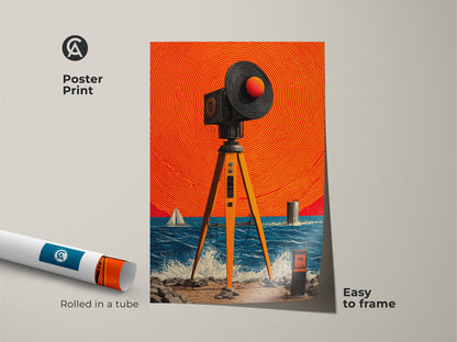 This poster print shows a blend of retro futurism and surrealism. It features a seascape with vintage surveying equipment plus a sailboat. The blue orange color add to the eclectic style. An excellent housewarming gift for retro collectors.
