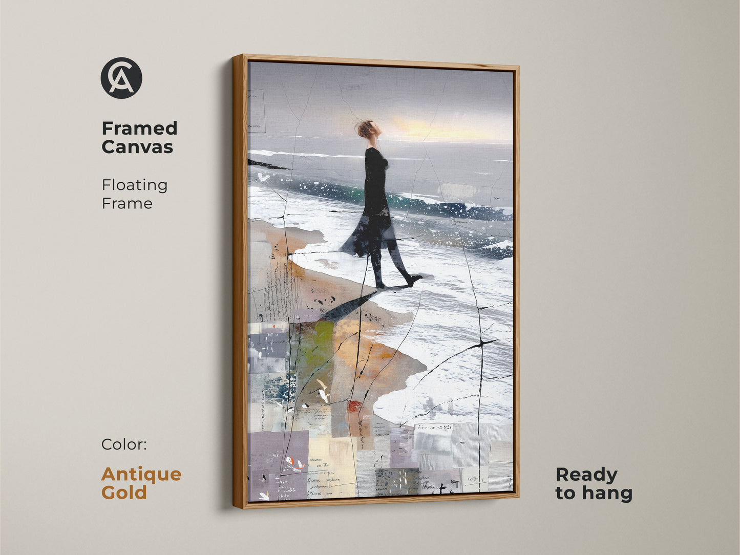Framed canvas of an abstract woman beach art print. It's a floating frame in antique gold. Ready to hang. This coastal figure study canvas is perfect for contemporary bedroom decor or wall art.