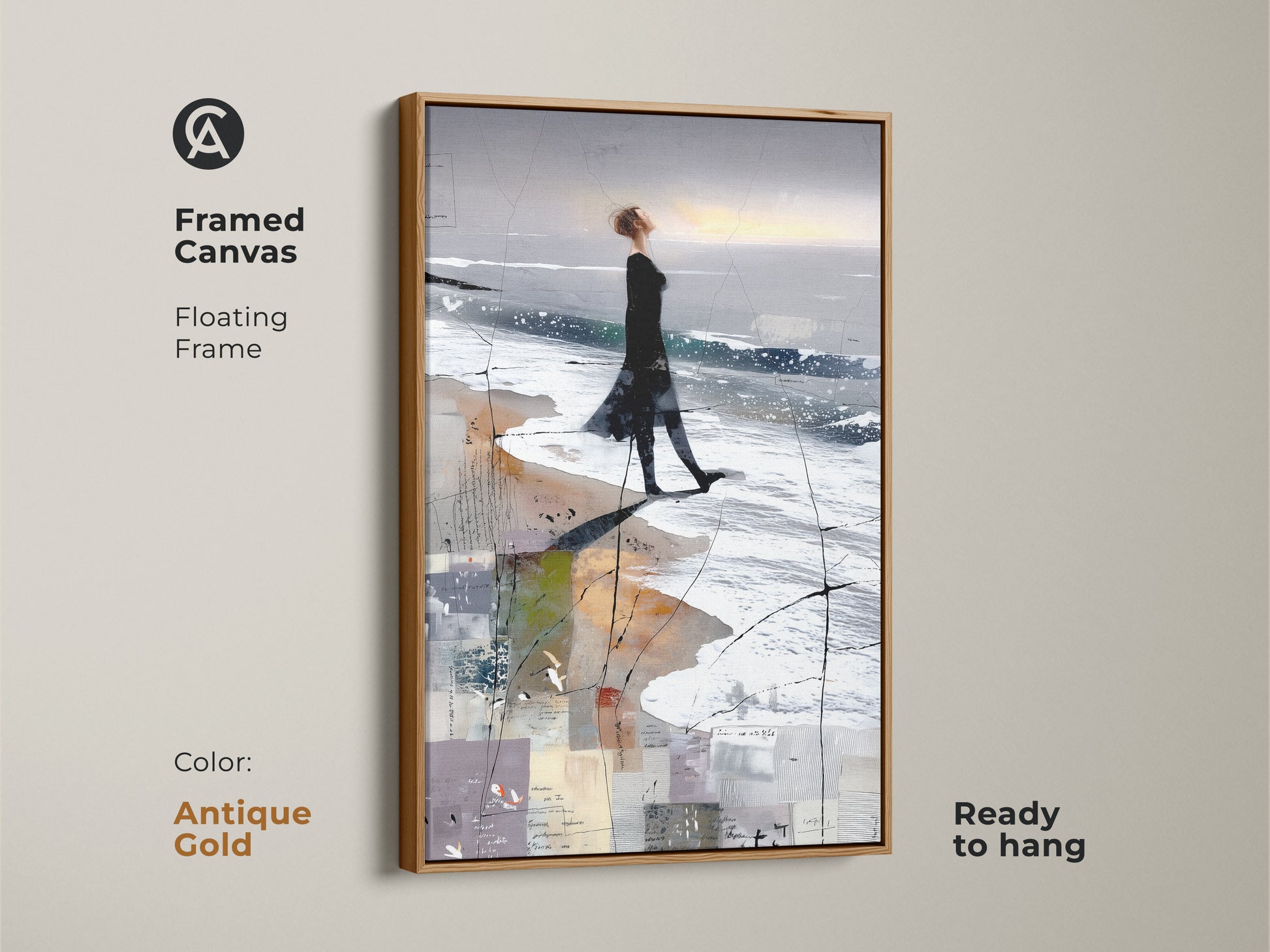 Framed canvas of an abstract woman beach art print. It's a floating frame in antique gold. Ready to hang. This coastal figure study canvas is perfect for contemporary bedroom decor or wall art.