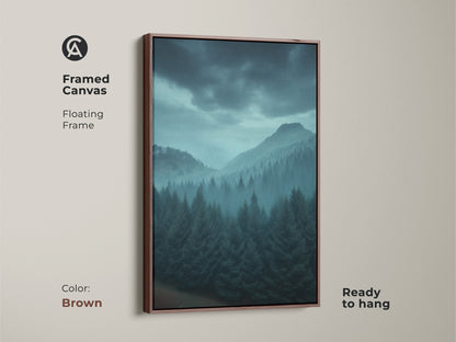 Framed canvas featuring a misty blue mountain landscape. The brown floating frame complements the forest artwork. Ready to hang rustic wall decor adds a touch of nature. A tranquil nature themed gift.