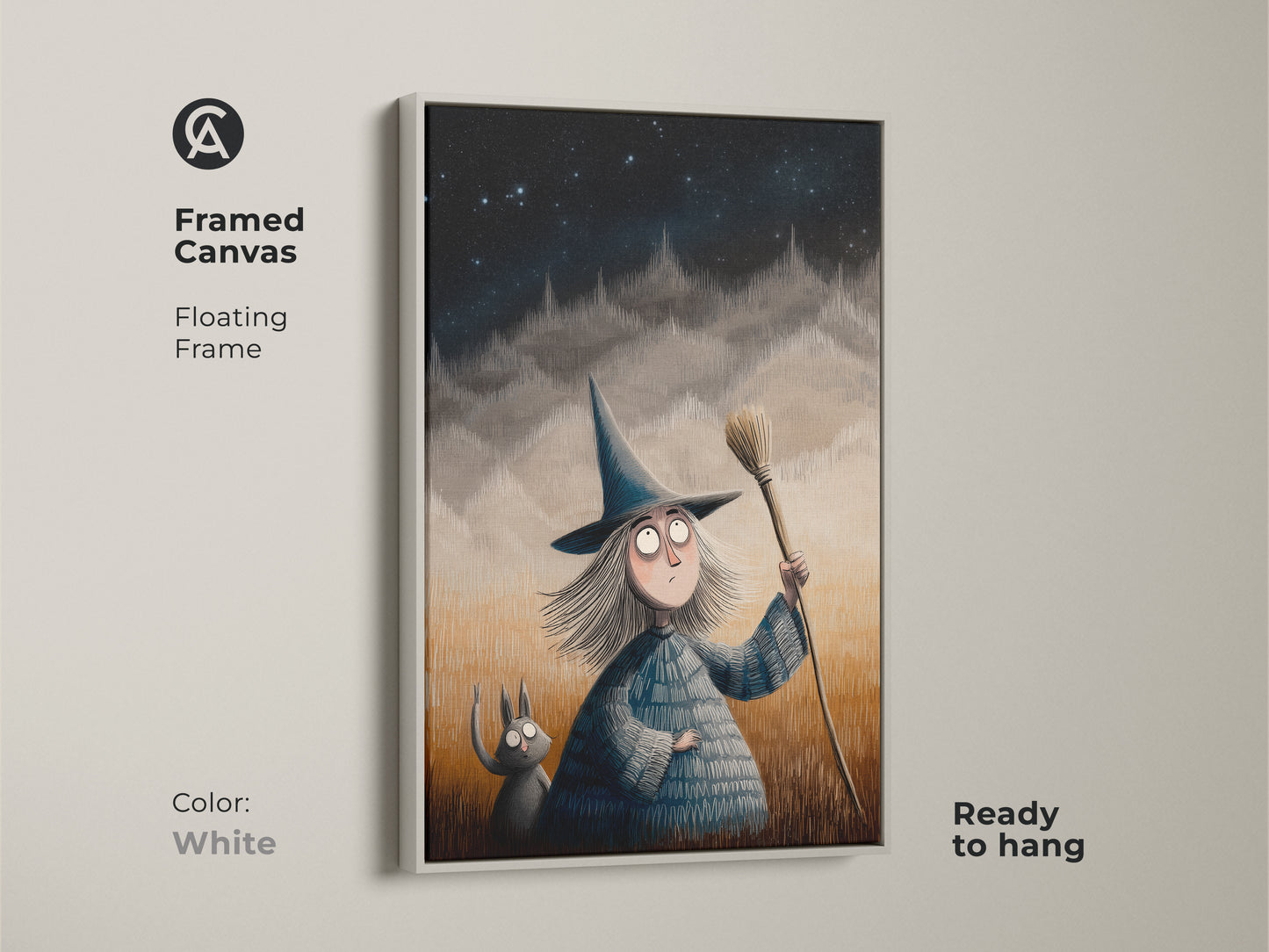 White framed canvas of a cartoon witch and cat art print. Floating frame fantasy art for kids is ready to hang. Halloween themed decor is perfect wall art for eclectic home styles. A magical night sky on display.