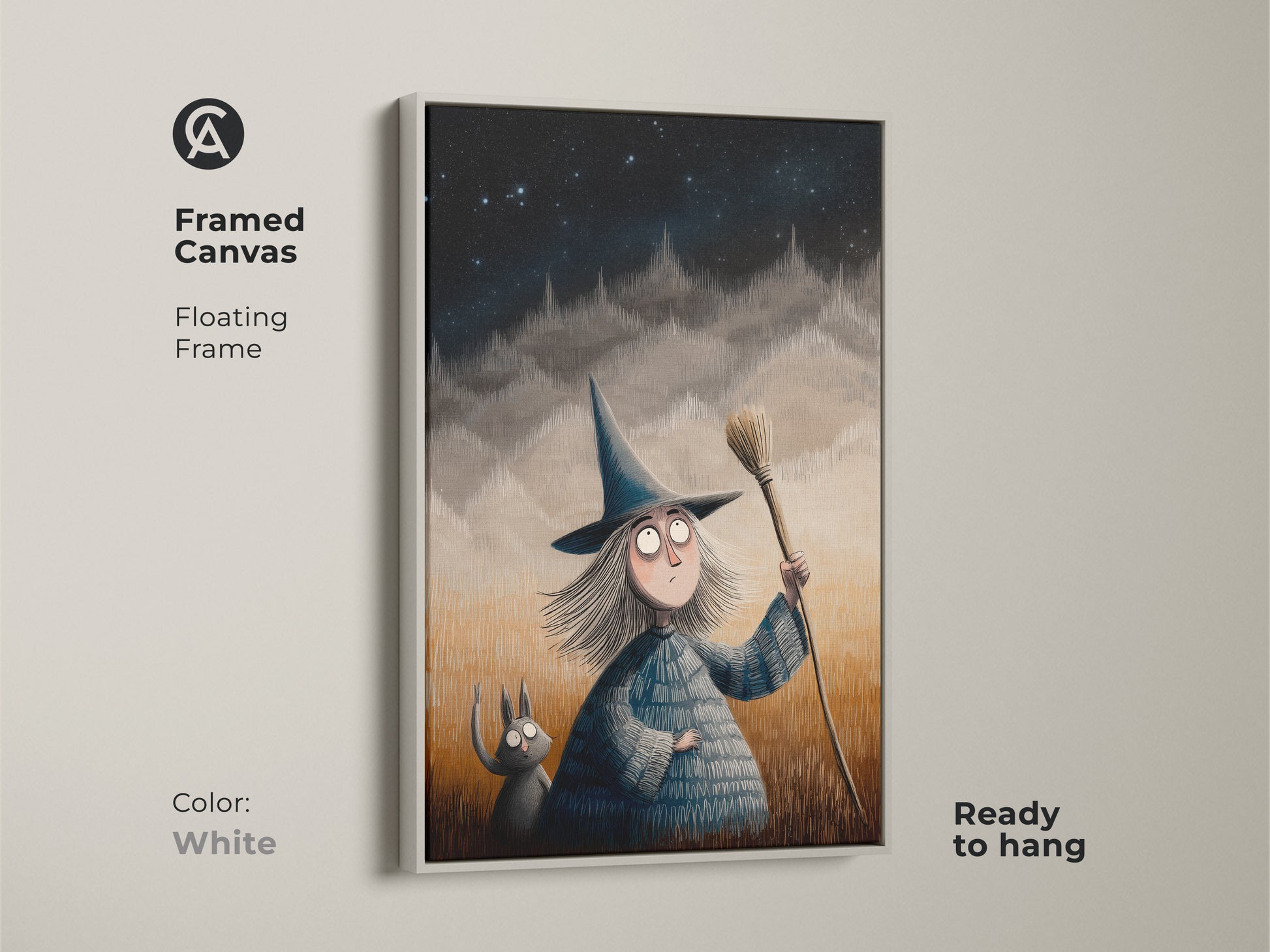 White framed canvas of a cartoon witch and cat art print. Floating frame fantasy art for kids is ready to hang. Halloween themed decor is perfect wall art for eclectic home styles. A magical night sky on display.