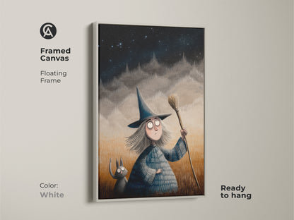 White framed canvas of a cartoon witch and cat art print. Floating frame fantasy art for kids is ready to hang. Halloween themed decor is perfect wall art for eclectic home styles. A magical night sky on display.