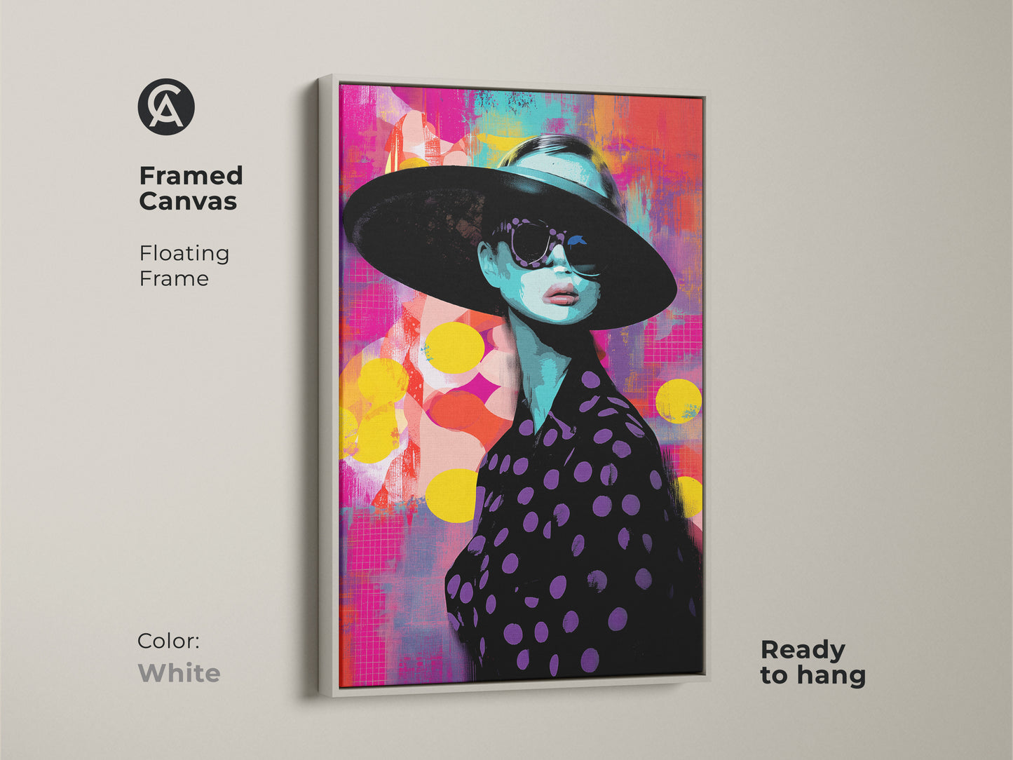 Framed canvas with a floating white frame. Showcasing a colorful pop art woman portrait. The turquoise yellow and pink artwork creates a stylish statement. Ready to hang abstract portrait canvas.