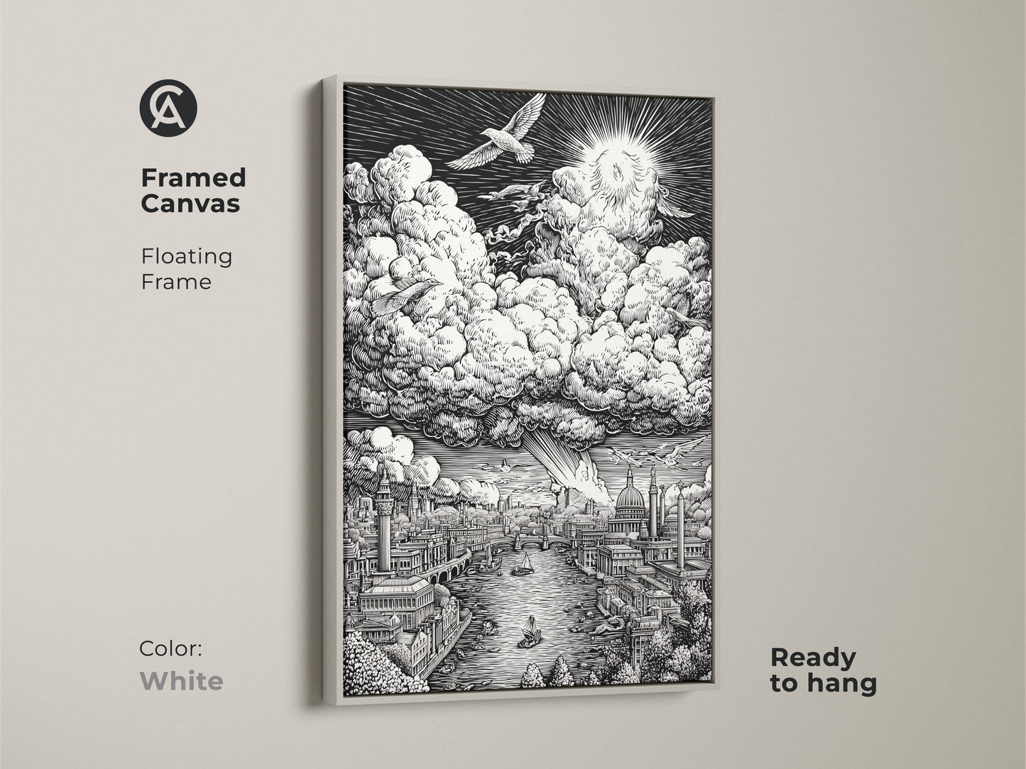 Framed canvas artwork featuring a detailed London cityscape. The Thames River runs under detailed buildings. Clouds and a sunburst dominate the sky. This white framed canvas is ready to hang. Its monochrome style complements any room.