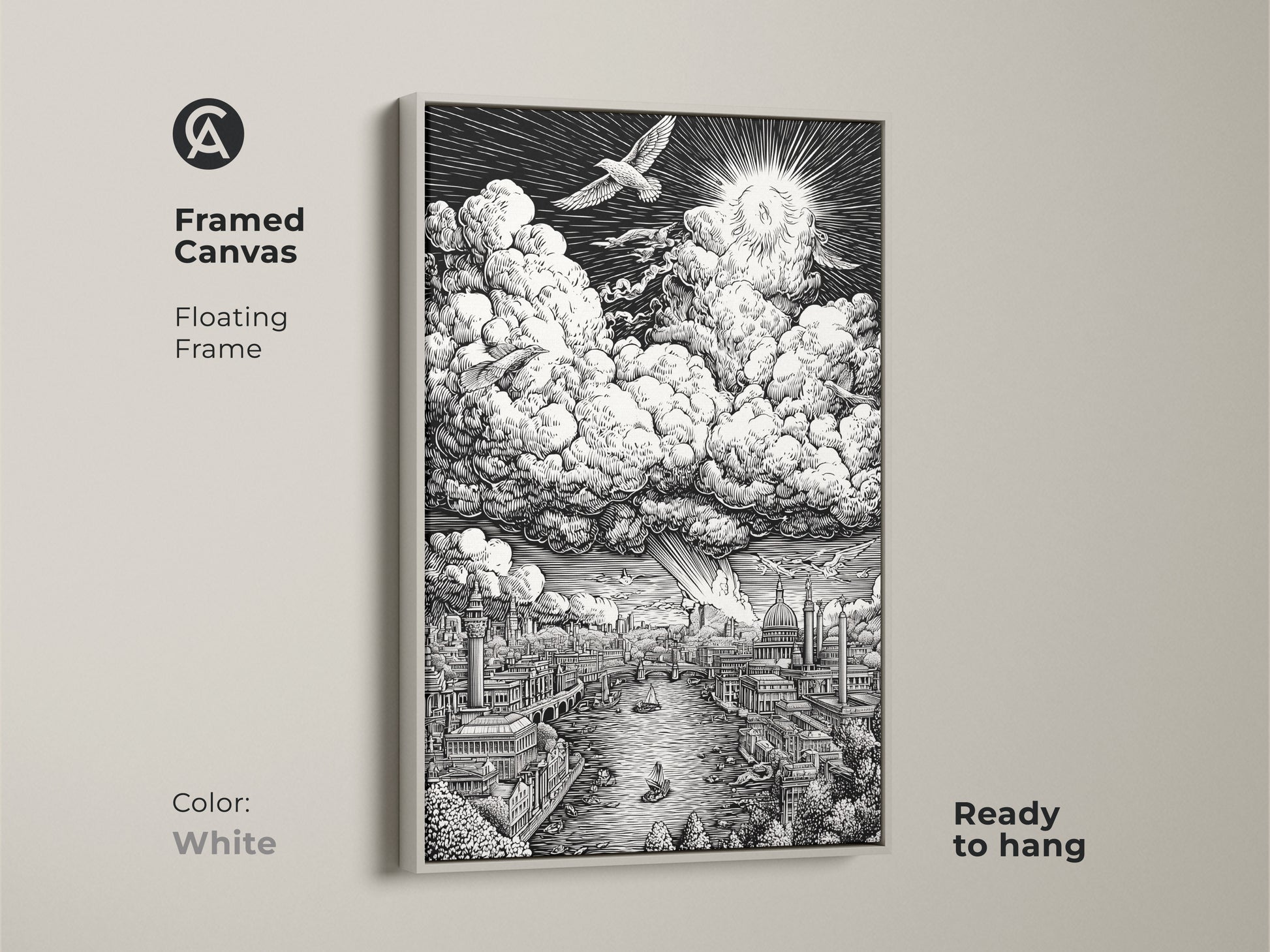 Framed canvas artwork featuring a detailed London cityscape. The Thames River runs under detailed buildings. Clouds and a sunburst dominate the sky. This white framed canvas is ready to hang. Its monochrome style complements any room.