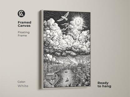 Framed canvas artwork featuring a detailed London cityscape. The Thames River runs under detailed buildings. Clouds and a sunburst dominate the sky. This white framed canvas is ready to hang. Its monochrome style complements any room.