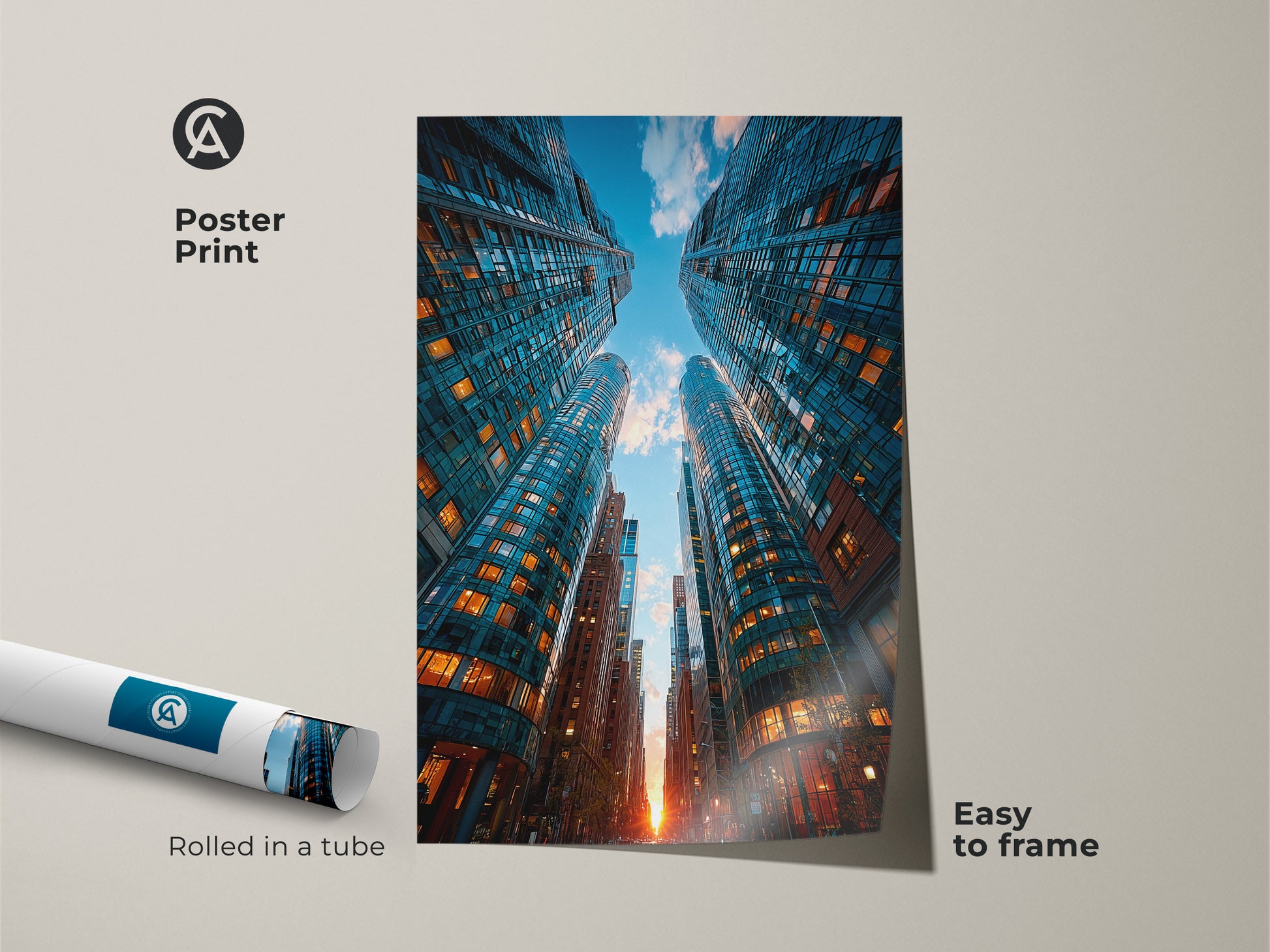 Poster print features a modern cityscape. Blue skyscrapers stretch upwards. Orange windows add a warm glow. Contemporary urban artwork. This city view canvas art comes rolled in a tube. Easy to frame and perfect for office wall decor.