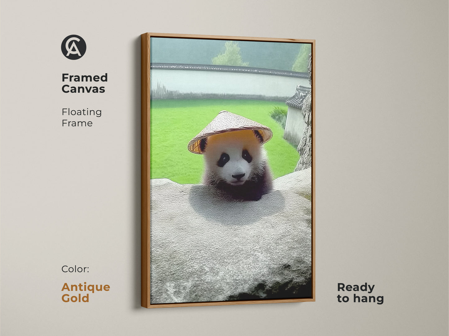 Antique Gold Framed Canvas of Baby Panda Wall Art. This cute nursery decor print shows a panda with a hat. It is photorealistic animal artwork. A new baby gift idea. Animal nature wall decor.