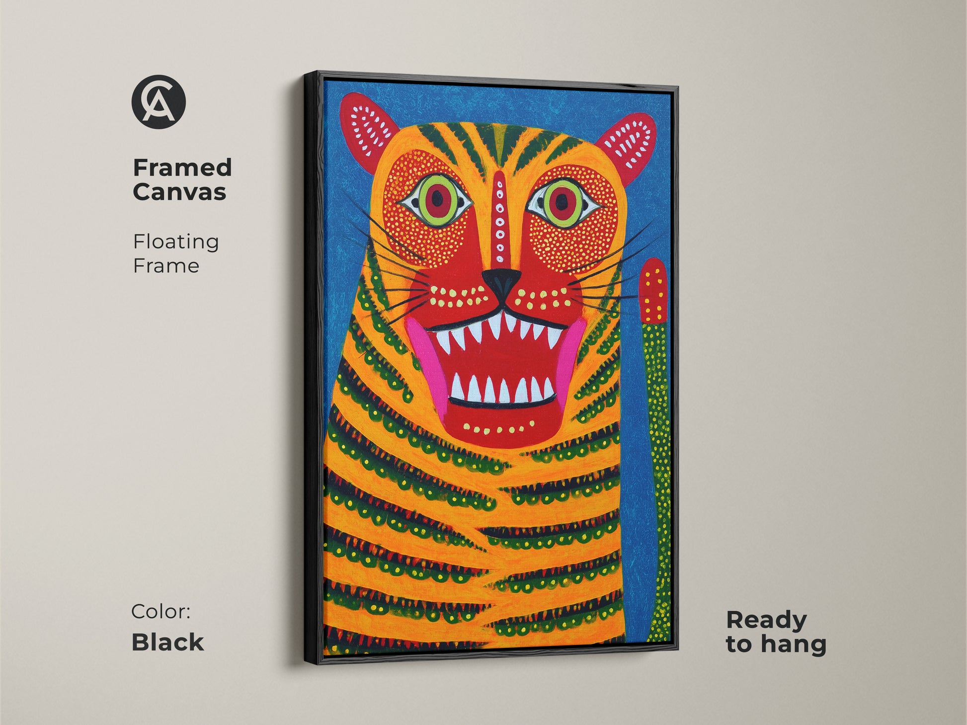 Framed in black this canvas art features a folk style tiger. The abstract animal art is ready to hang. This colorful wildlife artwork is perfect for adding a vibrant touch to any space. The floating frame enhances this unique home decor piece.