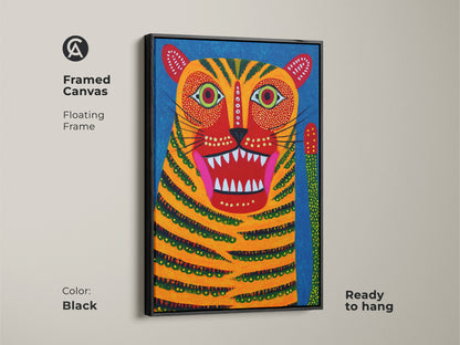 Framed in black this canvas art features a folk style tiger. The abstract animal art is ready to hang. This colorful wildlife artwork is perfect for adding a vibrant touch to any space. The floating frame enhances this unique home decor piece.