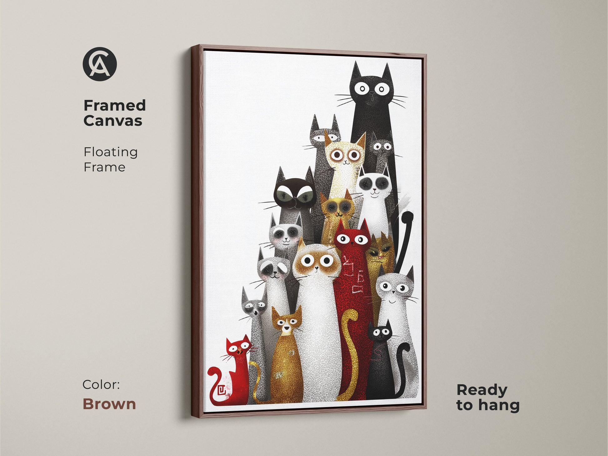 A framed canvas featuring eclectic cat artwork with a floating brown frame. This black white and red animal art is ready to hang ideal for cat enthusiasts. The unique feline home decor makes a great gift for cat parents bringing a modern flair to any space.