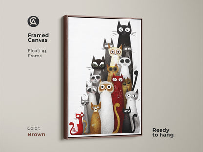 A framed canvas featuring eclectic cat artwork with a floating brown frame. This black white and red animal art is ready to hang ideal for cat enthusiasts. The unique feline home decor makes a great gift for cat parents bringing a modern flair to any space.
