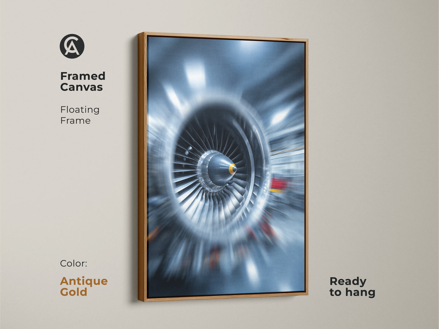 Framed abstract jet engine art with an antique gold floating frame. This turbine blades canvas print is ready to hang. The industrial tech wall art features deep blue and steel gray tones. Perfect for adding a modern touch to any office. A unique gift for F1 fans.