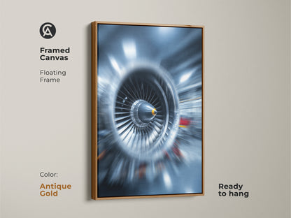 Framed abstract jet engine art with an antique gold floating frame. This turbine blades canvas print is ready to hang. The industrial tech wall art features deep blue and steel gray tones. Perfect for adding a modern touch to any office. A unique gift for F1 fans.