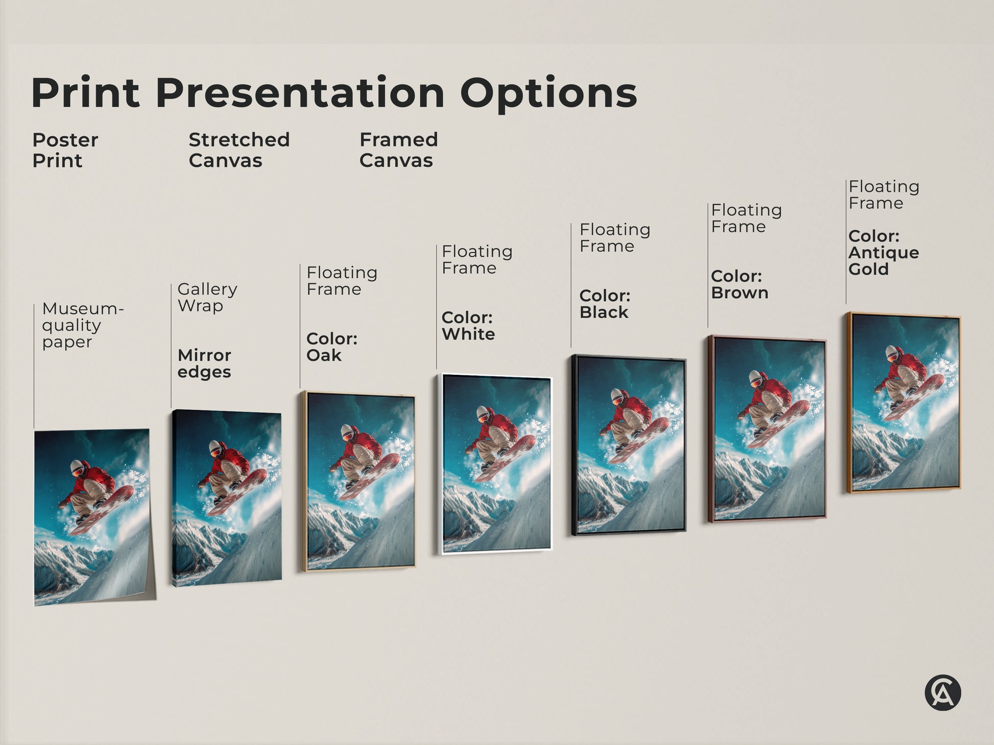 Explore print presentation options for this snowboarding scene. Choose from poster prints stretched canvas and framed canvas. Find the perfect style to match your decor. Options include floating frames in various colors. Customize your wall art with our diverse selection today