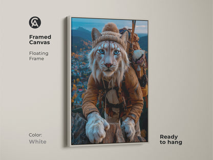 Lynx mountain explorer framed canvas in White. The blue eyed cat adventurer wall art brings nature indoors. Ready to hang for any animal lover looking for forest animal art. This eclectic home decor lynx painting is a cozy winter animal artwork. A great rustic mountain cabin decor.