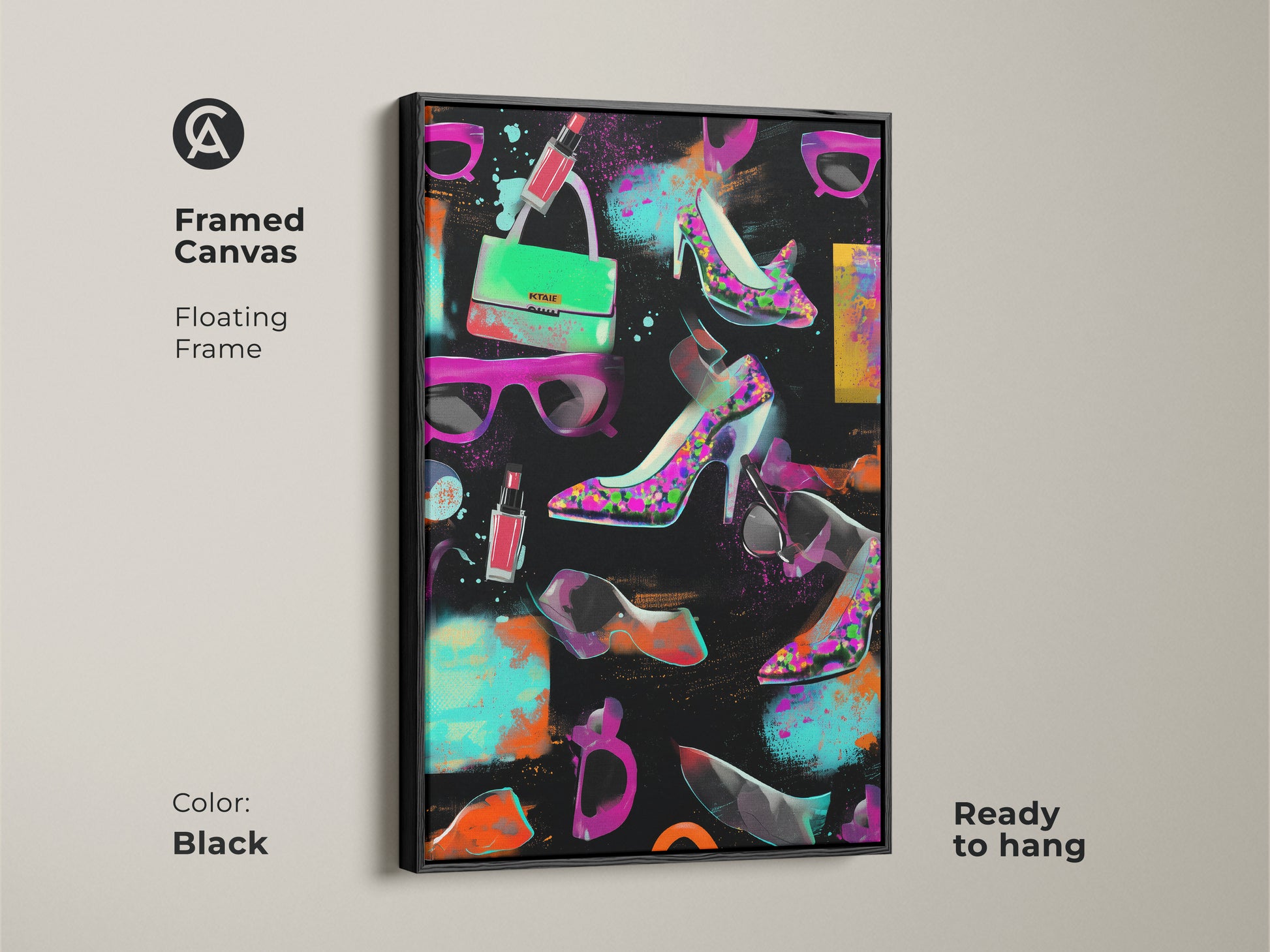 Framed canvas pop art print with graffiti high heels and handbag. The black floating frame adds sophistication. Ready to hang in a glam room. This eclectic fashion artwork features magenta orange and teal hues. A chic birthday gift for a fashionista.