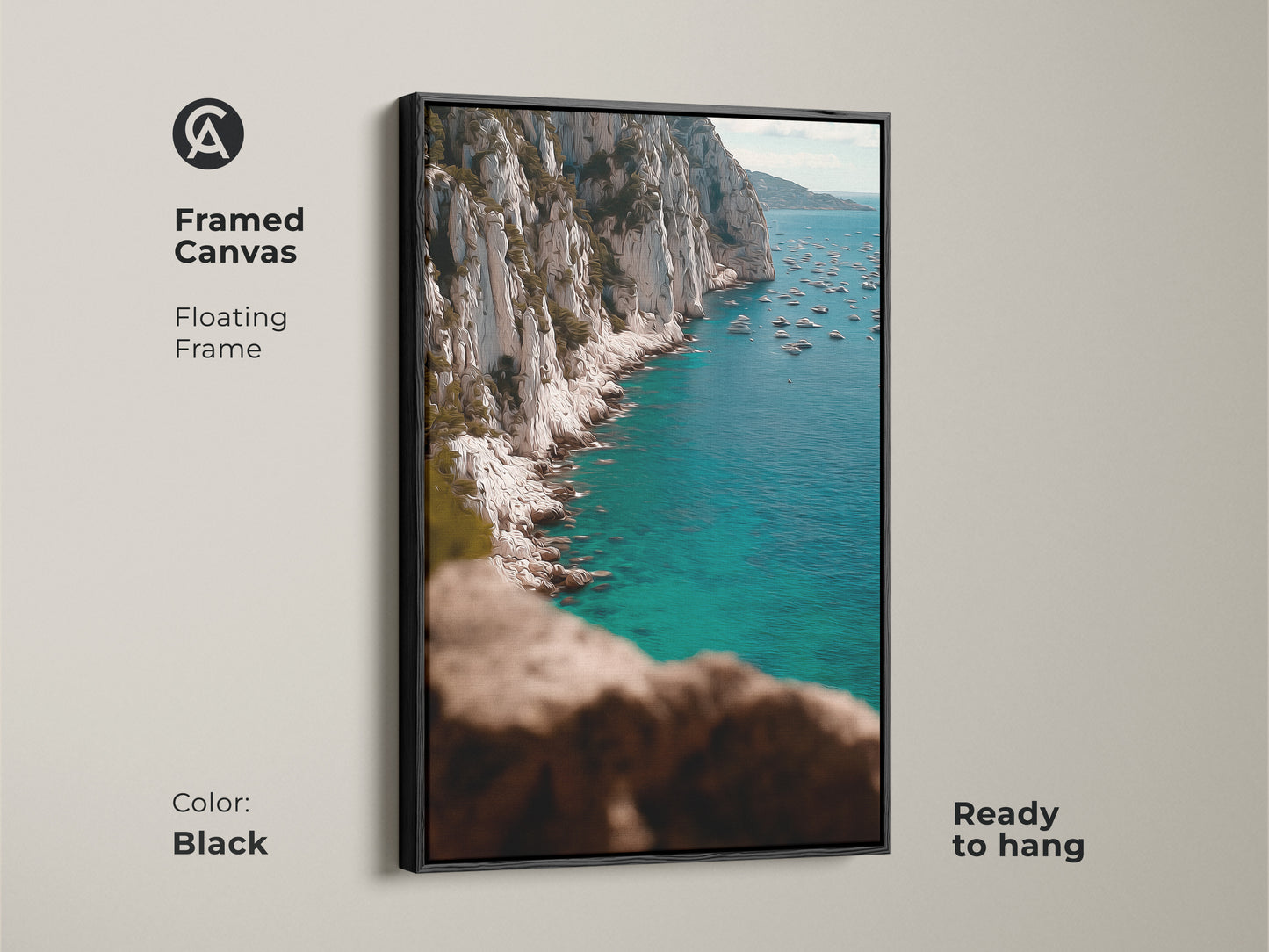 Framed Canvas in Black of Coastal Cliff Wall Art. A deep blue ocean scene offers a modern and sophisticated look. The floating frame enhances the seascape landscape artwork creating a focal point in your decor. Ready to hang for instant elegance.