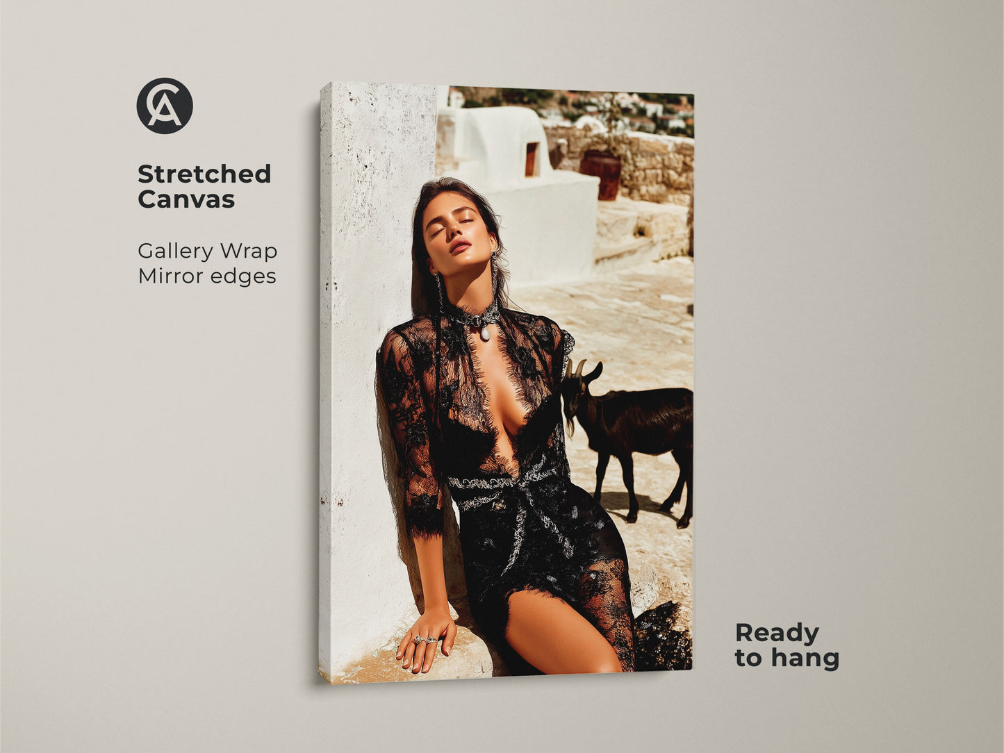 Stretched canvas of a glamorous woman in black lace. This fashion editorial print showcases an eclectic home interior with a goat. This unique goat wall art decor is ready to hang. The black white beige art is a perfect gift for her.