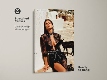 Stretched canvas of a glamorous woman in black lace. This fashion editorial print showcases an eclectic home interior with a goat. This unique goat wall art decor is ready to hang. The black white beige art is a perfect gift for her.