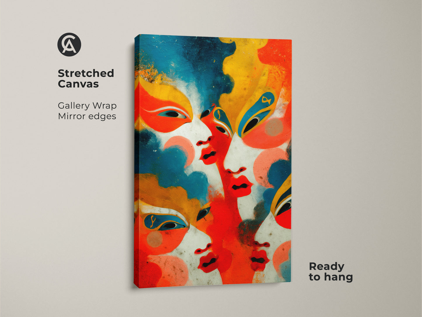 Stretched canvas artwork features a vivid geometric abstract faces print. Gallery wrapped with mirrored edges. It’s ready to hang as a bold contemporary figurative canvas. Perfect for creating a maximalist wall decor display.