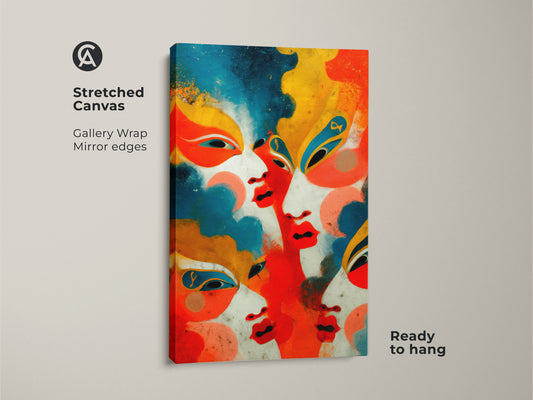 Stretched canvas artwork features a vivid geometric abstract faces print. Gallery wrapped with mirrored edges. It’s ready to hang as a bold contemporary figurative canvas. Perfect for creating a maximalist wall decor display.