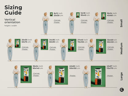 Sizing guide for vertical abstract face artwork. Available as canvas or poster in small medium and large sizes. Visualize the artwork in 8x12 to 45x67 inch dimensions with a person for scale.