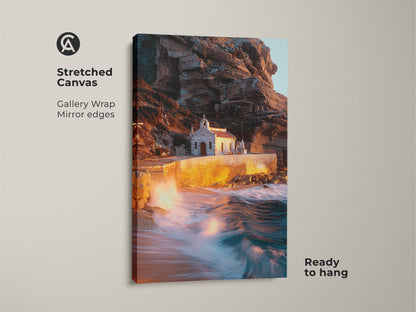 Stretched canvas gallery wrap of a coastal chapel artwork. The mirror edges enhance the warm earth tones and teal seascape. Ready-to-hang ocean waves photography brings Mediterranean charm. Perfect as coastal home decor or a traveler gift idea.