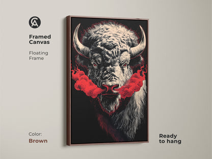 Framed canvas showing the powerful bison artwork in a floating frame. This bison portrait art showcases a rustic modern art style with a brown frame. It is ready to hang and features abstract animal canvas. This red accent wall art is a great gift.