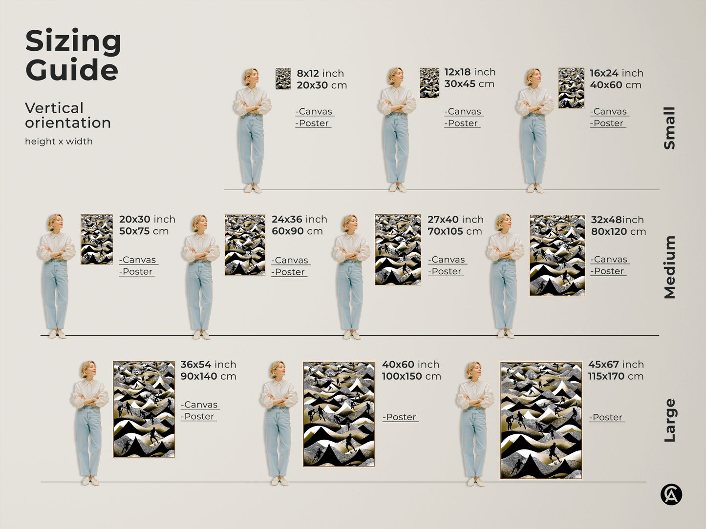 This sizing guide features a vertical orientation of abstract football artwork. This canvas and poster print comes in various sizes. It ranges from small to large. Find the perfect fit for your space with this artwork.