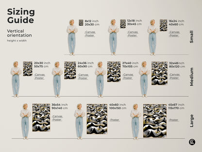 This sizing guide features a vertical orientation of abstract football artwork. This canvas and poster print comes in various sizes. It ranges from small to large. Find the perfect fit for your space with this artwork.