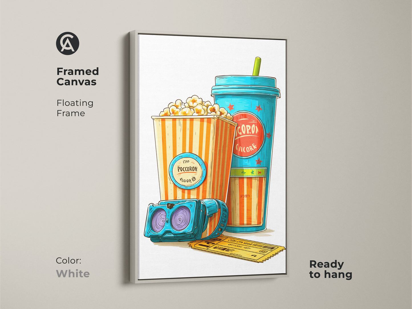 White framed canvas art featuring a retro popcorn theme. Movie theater artwork displays popcorn soda and 3D glasses. Eclectic home theater decor is ready to hang. Teal orange pop art creates a nostalgic cinema poster.