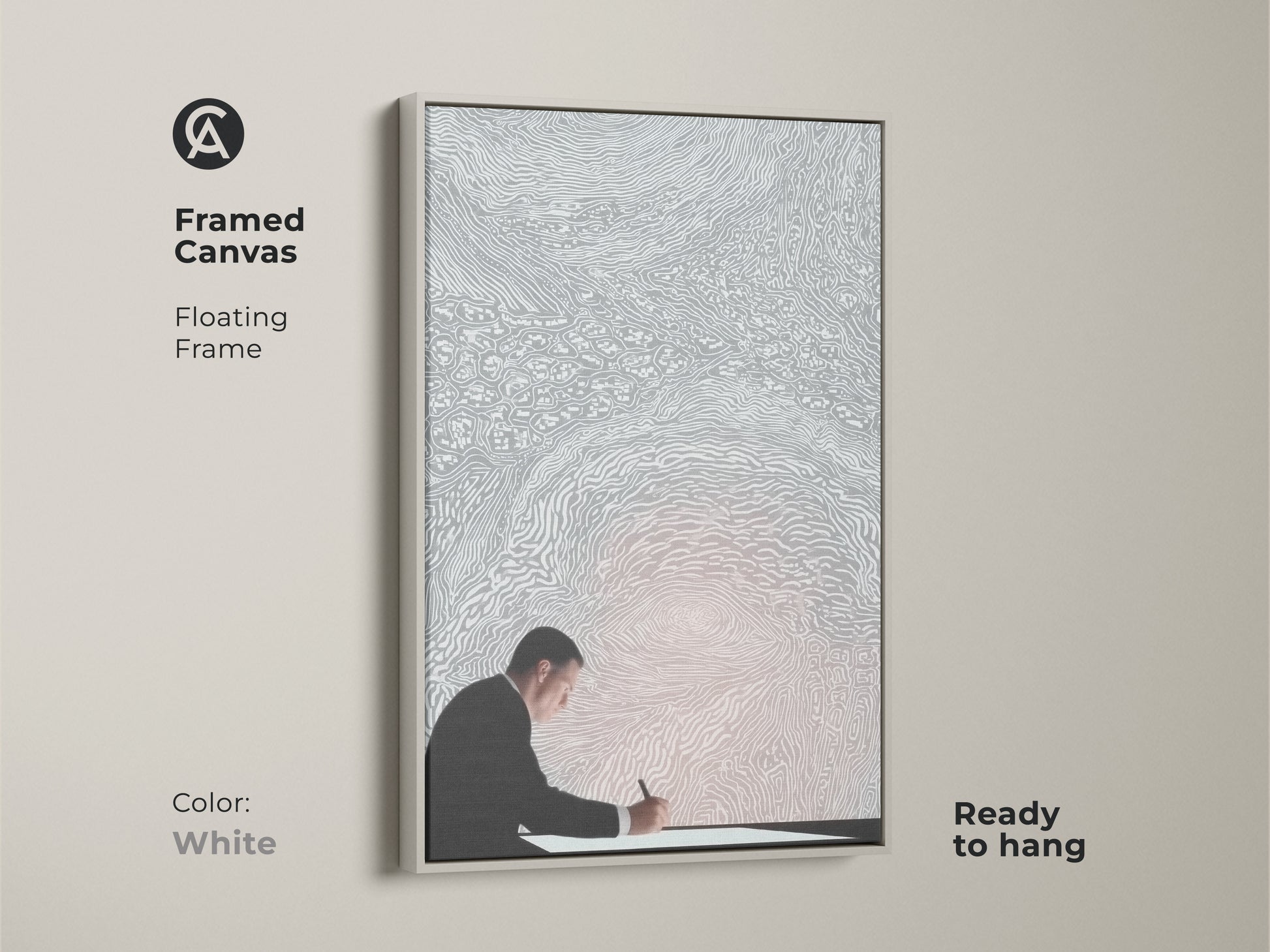 Framed in white this canvas art features a conceptual artwork of a man writing. Ready to hang this minimalist silver and white decor is perfect for any office. This floating frame art embodies intellectual creativity